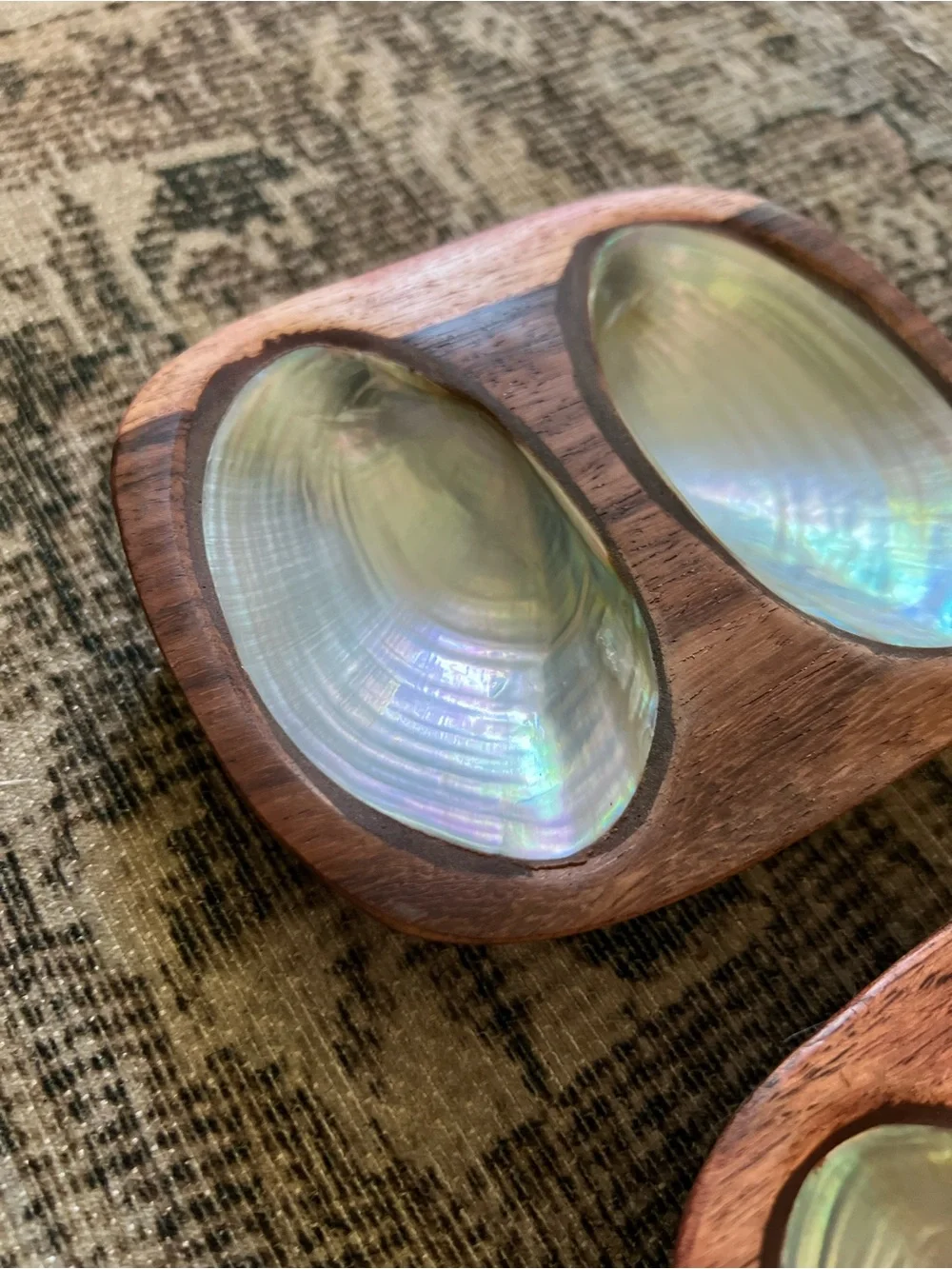 2 Vintage Mid-Century Monkey Pod Wood Double Salt Cellars Mother of Pearl Inlay
